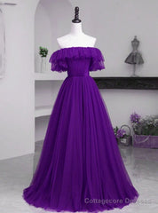 Dark Purple Tulle Off the Shoulder Pleats Prom Dress