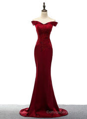Dark Red Mermaid Satin Long Party Dress, Off Shoulder Evening Dress