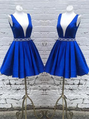 Deep V Neck Royal Blue Short Satin Prom Dresses, Royal Blue V Neck Short Formal Homecoming Dresses