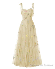 Elegant Embroidery Champagne Prom Dresses Sweetheart Spaghetti Straps A Line Party Dress Long Simple Formal Dress