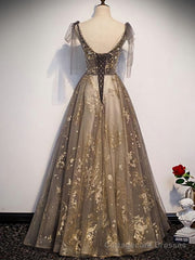 Elegant V-neck Organza Grey Lace A-line Spaghetti Straps Lace-up Back Long Prom Dress
