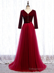 Fabulous Burgundy Tulle Velvet Long Sleeve V-neck Pleats Peom Dress
