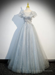 Fancy Gray Tulle Sequins Short Sleeve Beading Prom Dress