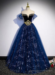 Fashion Blue Tulle Sequins Beading Off the Shoulder Prom Dress