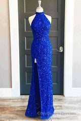 Sequins High Neck Royal Blue Long Party Dress with Slit