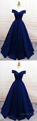 Navy Blue Satin V Neck Off Shoulder Prom Dresses, Long Evening Gowns