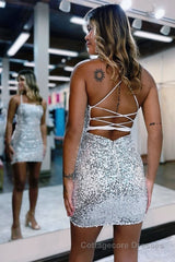 Glitter Bodycon Straps Black Sequins Short Homecoming Dresses