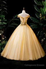 Gold Floor Length Tulle Beading Formal Dress, Lovely Off the Shoulder Evening Party Dress