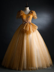 Gold Tulle V-neck Sequins Appliques Quinceanera Dress