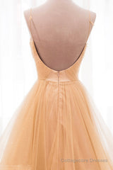 Gold V-Neck Tulle Long Prom Dress, A-Line Evening Dress
