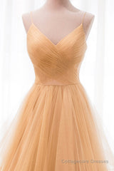 Gold V-Neck Tulle Long Prom Dress, A-Line Evening Dress
