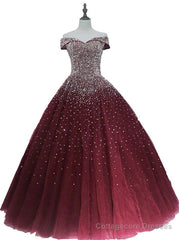Gorgeous Sparkle Burgundy Off Shoulder Sweet 16 Gown, Burgundy Prom Dress