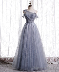 Gray Aline Long Prom Dress, One Shoulder Gray Formal Party Dresses