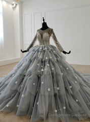 Gray Ball Gown Tulle Tiers Long Sleeve Appliques Beading Wedding Dress