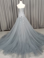 Gray Tulle Beads Long Prom Dress Gray Tulle Formal Evening Graduation Dresses