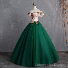 Green Off Shoulder Tulle with Lace Formal Gown, Green Evening Sweet 16 Dresses