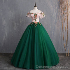 Green Off Shoulder Tulle with Lace Formal Gown, Green Evening Sweet 16 Dresses