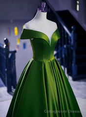 Green Round Neckline A-line Simple Party Dress, Green Satin Prom Dress