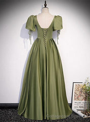 Green Satin A-line Puffy Sleeves A-line Prom Dress, V-neck Simple Long Formal Party Gown