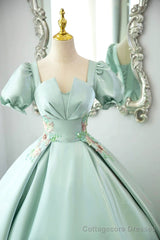 Green Satin Lace Long Prom Dress, Beautiful A-Line Short Sleeve Evening Party Dress