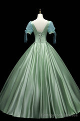 Green Satin Long A-Line Ball Gown, Short Sleeve Green Formal Evening Dress