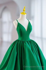 Green Satin Short A-Line Prom Dress, Green V-Neck Party Dress