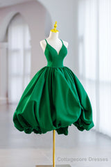 Green Satin Short A-Line Prom Dress, Green V-Neck Party Dress
