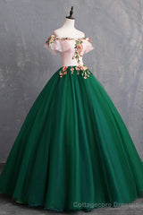 Green Tulle Lace Long Prom Dress, Cute Off Shoulder Evening Dress Party Dress