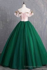Green Tulle Lace Long Prom Dress, Cute Off Shoulder Evening Dress Party Dress