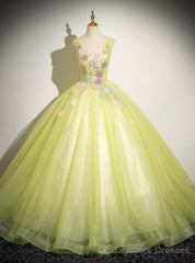 Green Tulle V-neck Appliques Quinceanera Dress