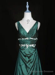 Green Vintage Style Taffeta with Lace Prom Dress, Green Long Party Dress