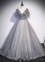Grey V-neckline Tulle Low Back Long Prom Dress, Grey Formal Dress Party Dress