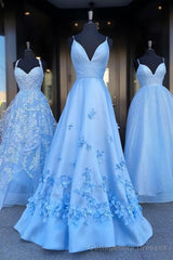 Charming Blue Spaghetti Straps V Neck Flowers Long Prom Dresses, Satin Unique Formal Dresses