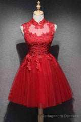 High Neck Red Lace Short Prom Dress,Homecoming Dresses,Red Formal Graduation Evening Dress