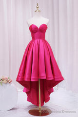 Hot Pink Satin High Low Prom Dress, Cute Sweetheart Neck Evening Party Dress