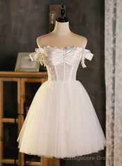 Ivory Tulle Sweetheart with Lace Short Prom Dress, Ivory Homecoming Dress