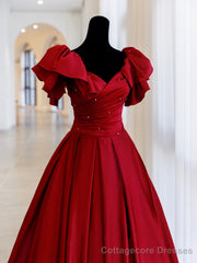 Burgundy Satin Long Prom Dress, A-Line Evening Party Dress