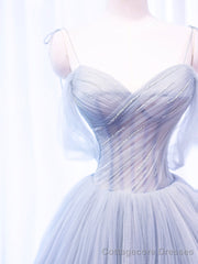 Gray Spaghetti Strap Tulle Long Prom Dress, Gray A-Line Evening Party Dress