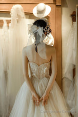 Light Champagne Tulle Lace Long Prom Dress, A-Line Strapless Evening Party Dress