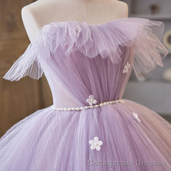Light Purple Tulle Ball Gown Long Sweet 16 Dress, Off Shoulder Light Purple Formal Dress
