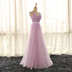 Light Purple V-neckline Long Formal Dress, Tulle Lace Applique Bridesmaid Dress