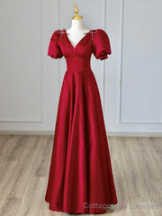 Burgundy V-Neck Satin Long Prom Dress, Burgundy Formal Evening Dress