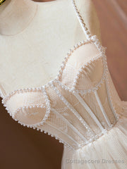 Champagne Spaghetti Strap Party Dress, Cute A-Line Evening Dress with Pearls