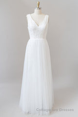 Long A-line Straps V-neck Chiffon Open Back Wedding Dress