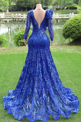 Long Sleeves Royal Blue Prom Dresses Sequin Mermaid Long Formal Dresses