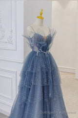 Blue Tulle Layers Straps Beaded Long Prom Dresses, A-Line Evening Dresses