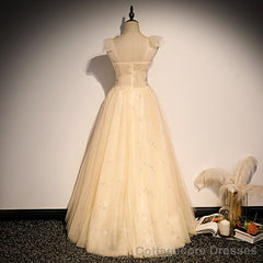 Lovely Champagne Sequins Long Party Dress, A-line Tulle Formal Dress