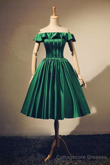 Lovely Green Satin Off Shoulder Knee Length Homecoming Dress, Short Prom Dress