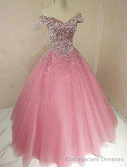 Lovely Pink Tulle Off Shoulder Sweet 16 Party Dress, Long Formal Gown