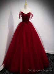 Lovely Wine Red Princess Tulle Beaded Long Party Dress, Dark Red Formal Gown
